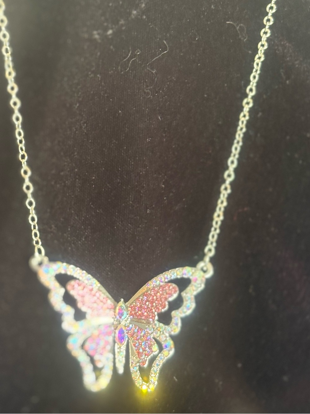 Silver Butterfly Pendant Necklace with shades of Pink Crystal Accents